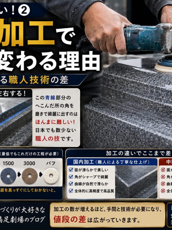 「墓石の加工で値段が変わる理由！②｜曲線と角磨きに出る職人技術の差！」