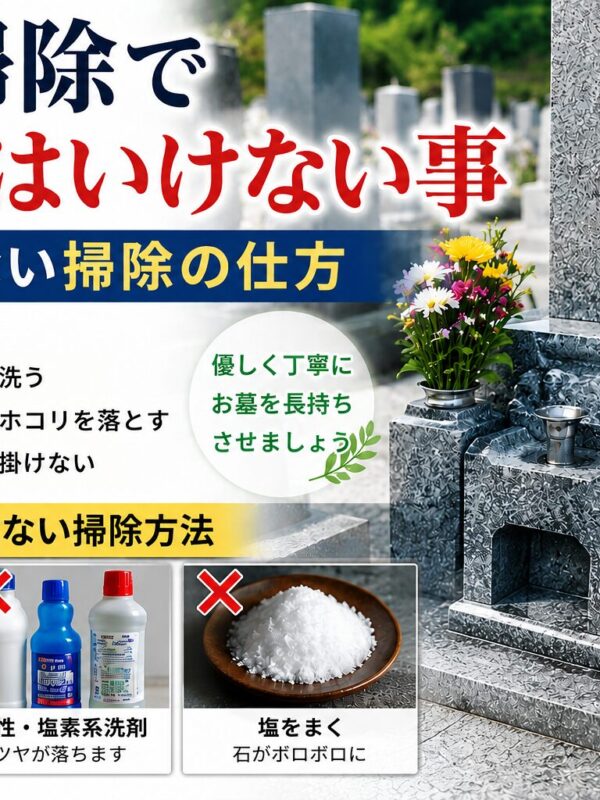 「お墓掃除でやってはいけない事!|石を傷めない掃除の仕方!」