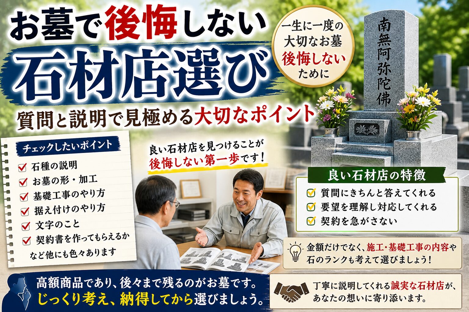 「お墓で後悔しない石材店選び！｜質問と説明で見極める大切なポイント！」 | 【石大 兼子石材店】滋賀県近江八幡市の石彫刻のできる墓石店