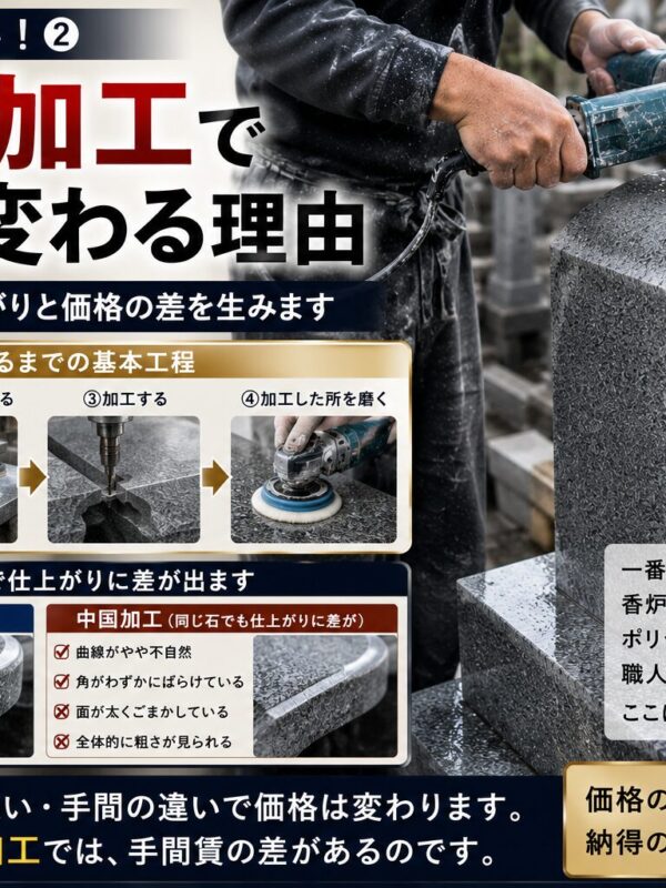 「墓石の加工で値段が変わる理由!|曲線や磨きに出る職人の技術差!」