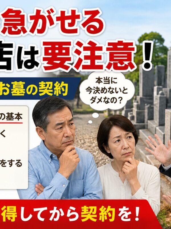 「契約を急がせる石材店は要注意！｜ 後悔しないお墓の契約！」