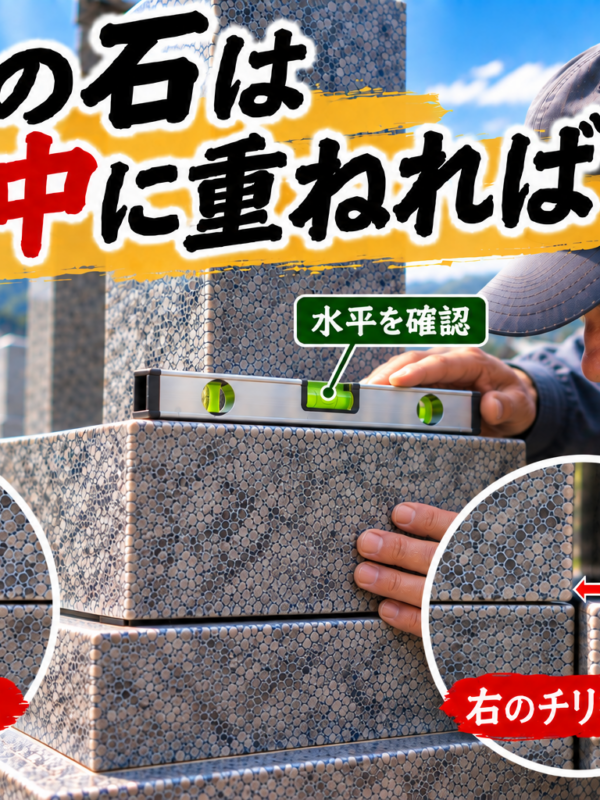 「お墓の石は真ん中に重ねれば良い?!|水平とチリを一段ずつ確認する石屋の据え付け!」